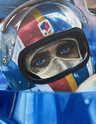 Portait painting of Francoise Cevert racing driver in his car