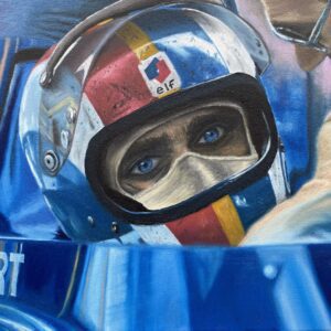 Portait painting of Francoise Cevert racing driver in his car