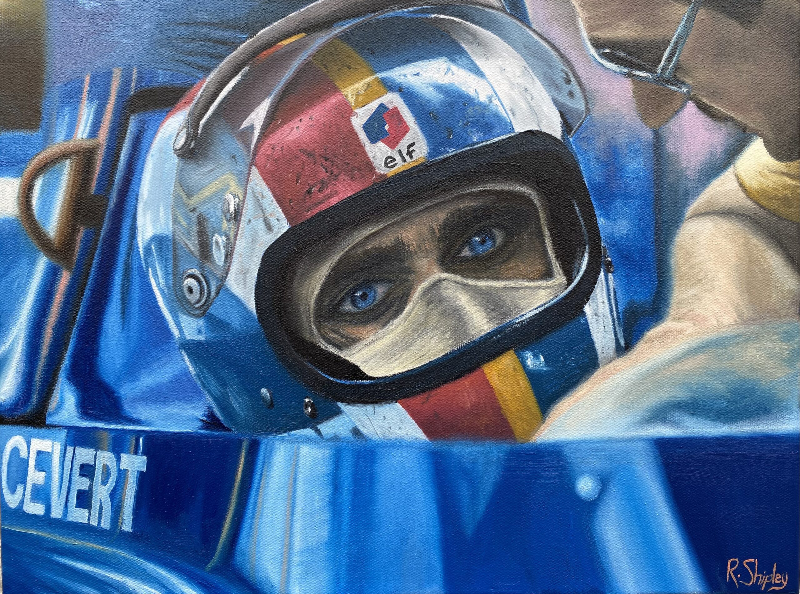 Portait painting of Francoise Cevert racing driver in his car
