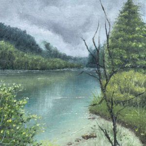 Low Cloud over Lake Bohinj painting showing a cloudy sky with a lake in the foreground and surrounded by trees