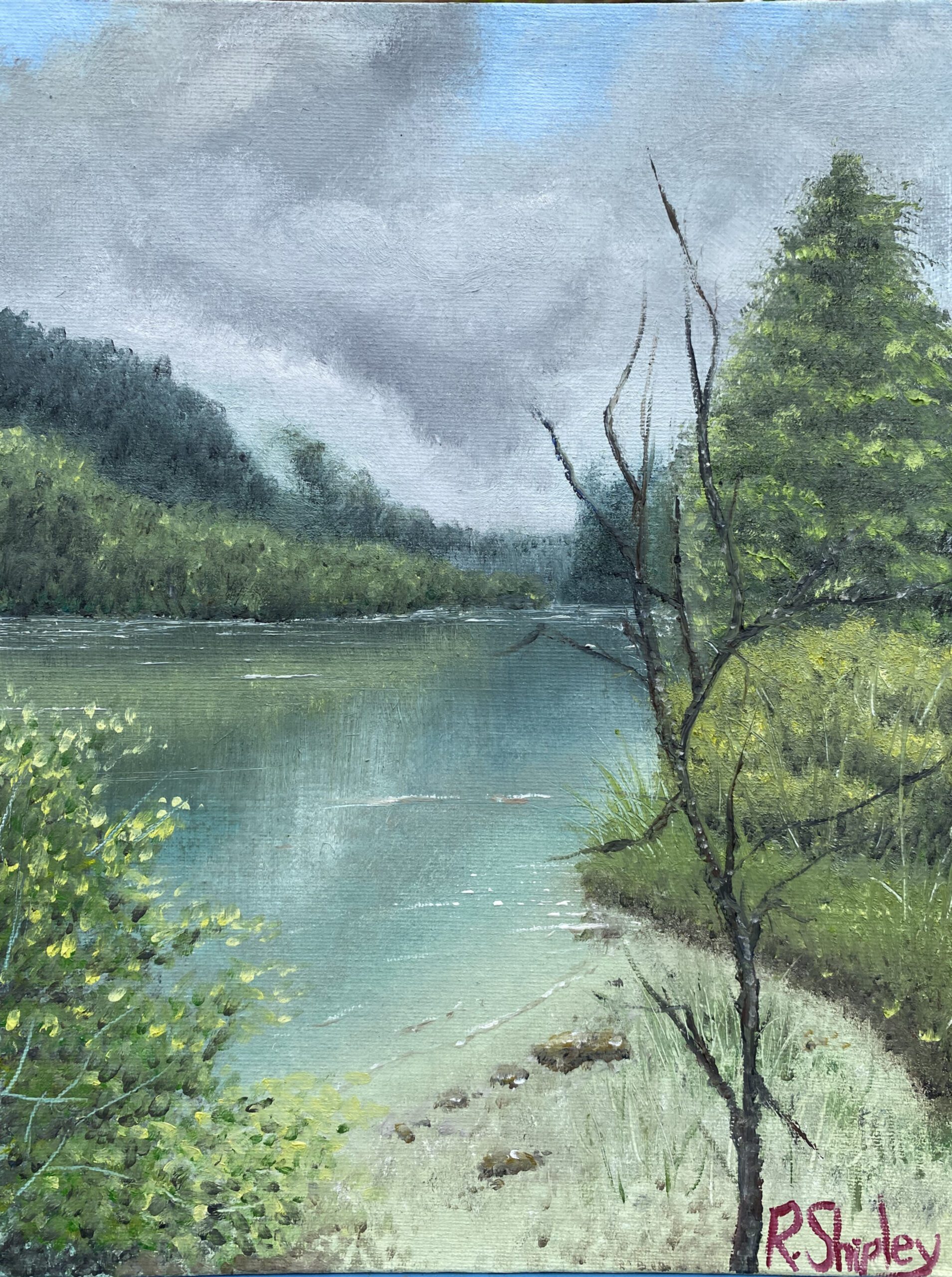 Low Cloud over Lake Bohinj painting showing a cloudy sky with a lake in the foreground and surrounded by trees
