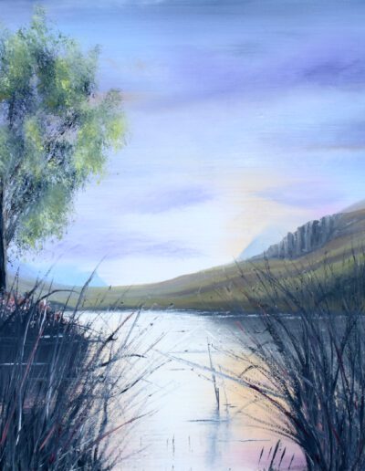 Morning Rush painting of a beautiful lavender blue sky, a tree and hills around a lake with reeds