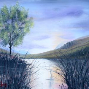 Morning Rush painting of a beautiful lavender blue sky, a tree and hills around a lake with reeds
