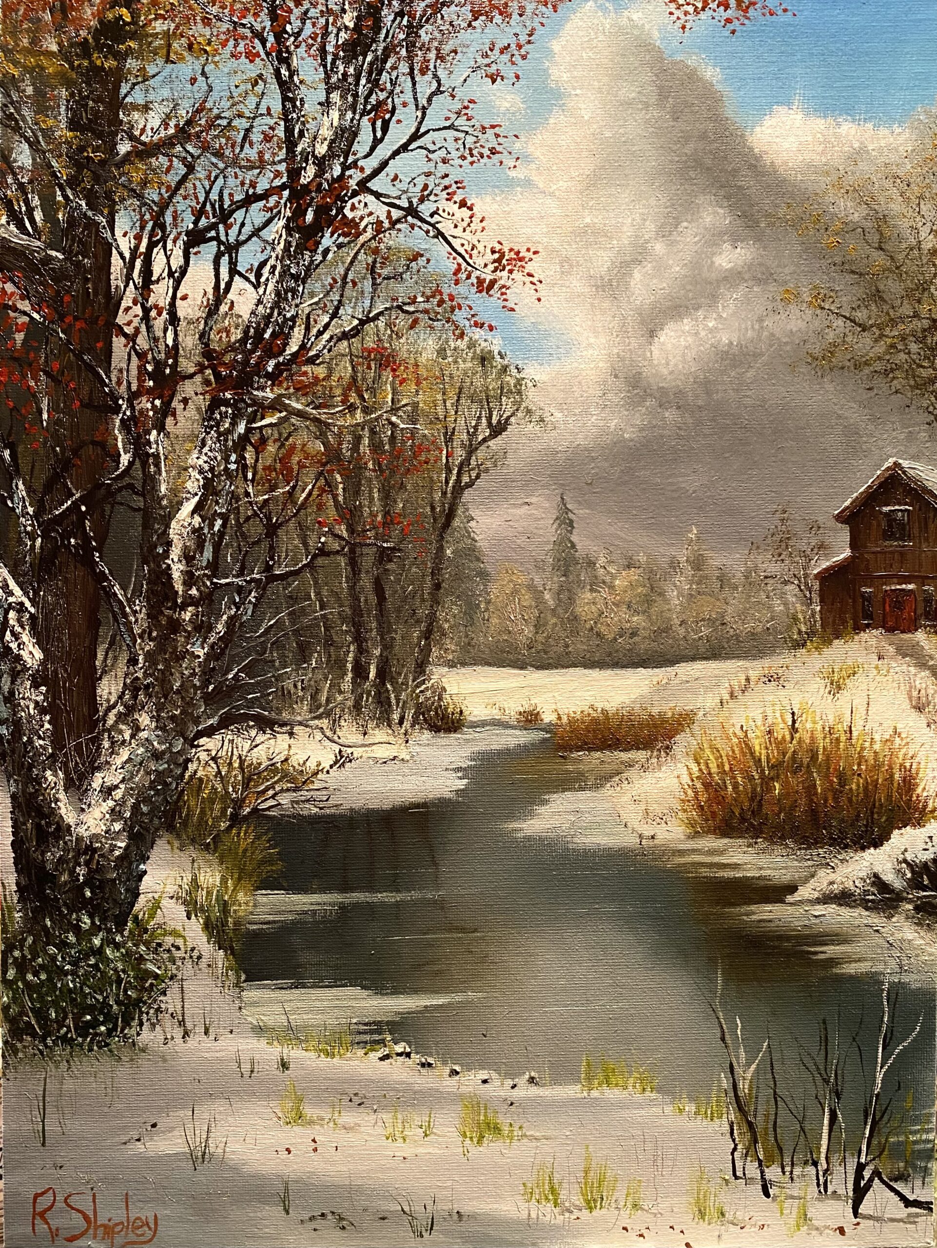 Eyes on the Prize painting showing a climber approaching the peak of a snow capped mountain with colourful sky behind the summit