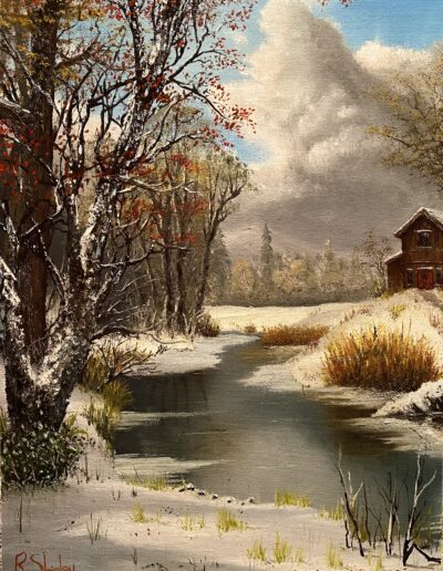 The Light Before the Storm painting showing a woodland area with snow on the ground, a stream running through beside a wooden house