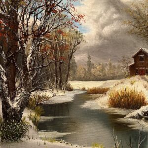 The Light Before the Storm painting showing a woodland area with snow on the ground, a stream running through beside a wooden house